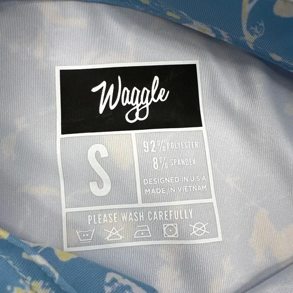 Waggle Buzzin Polo Shirt Mens Small Blue Yellow Bee Floral Performance Stretch - Picture 9 of 11